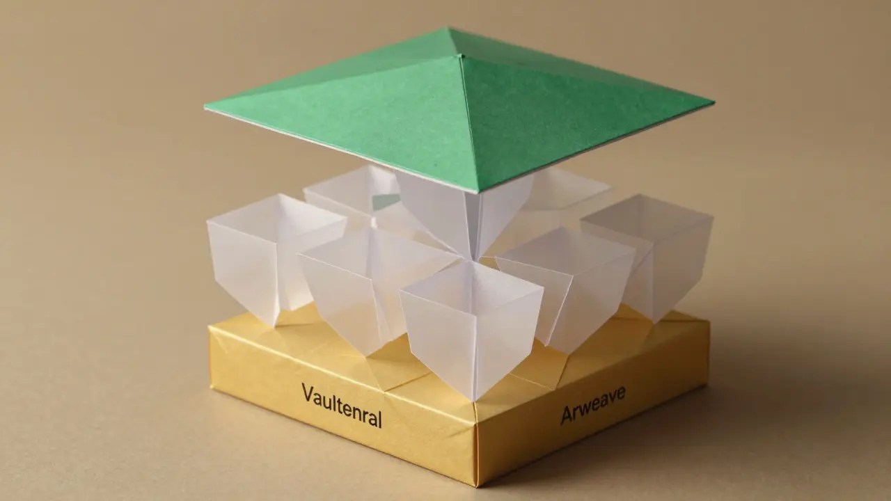 Layered origami structures showing Arweave, IPFS, and Polygon stack