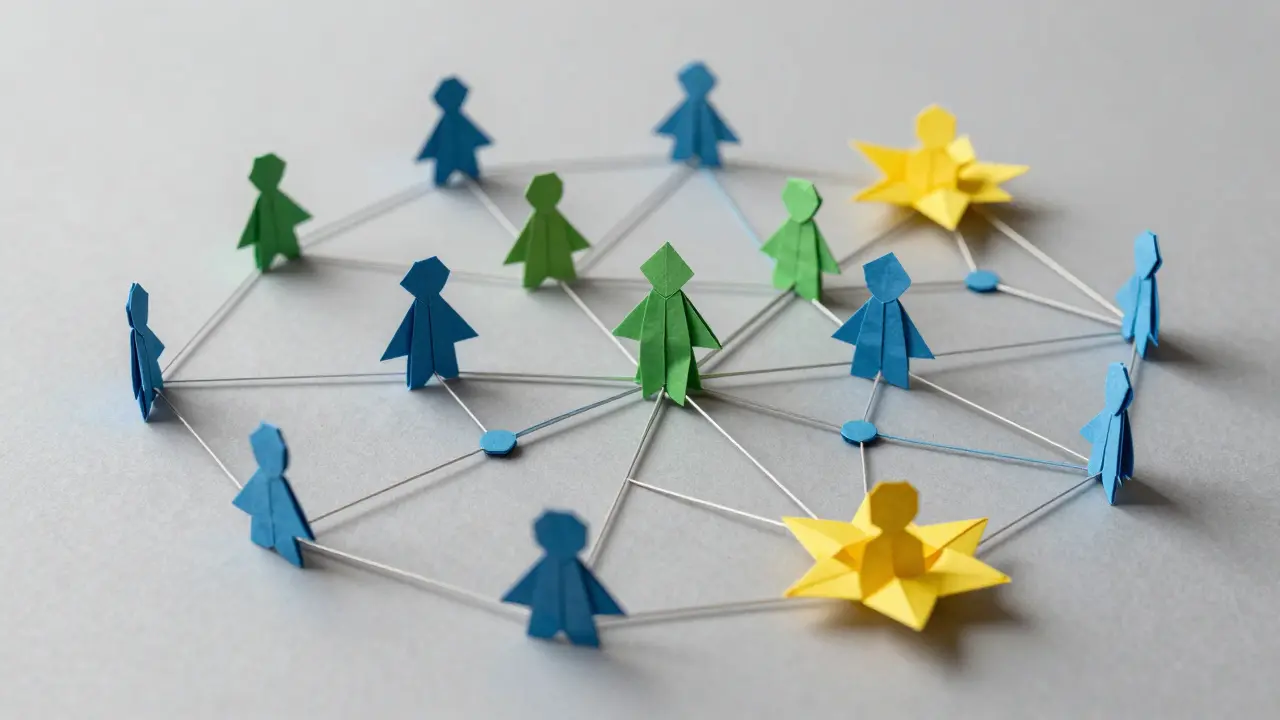 Network of connected paper nodes showing real users versus bot clusters.
