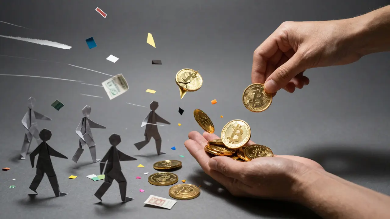 Origami art showing wealth concentration with few large coins vs many small ones