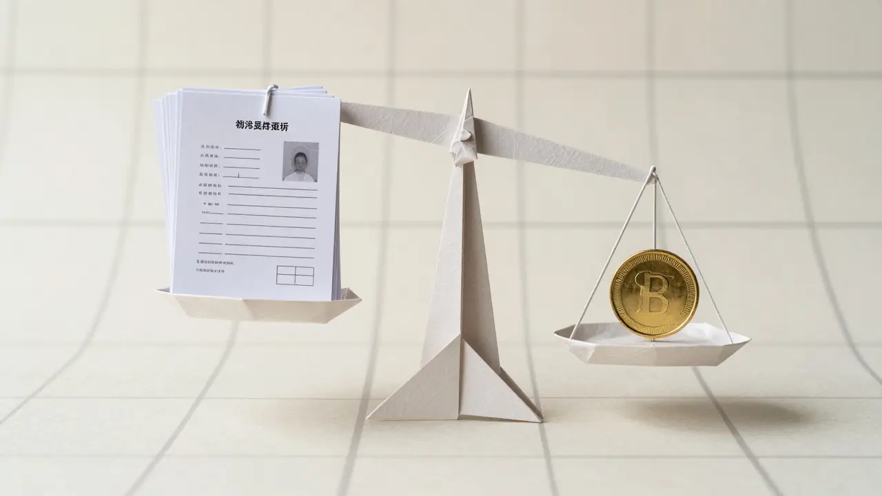 Origami balance scale weighing compliance docs against crypto