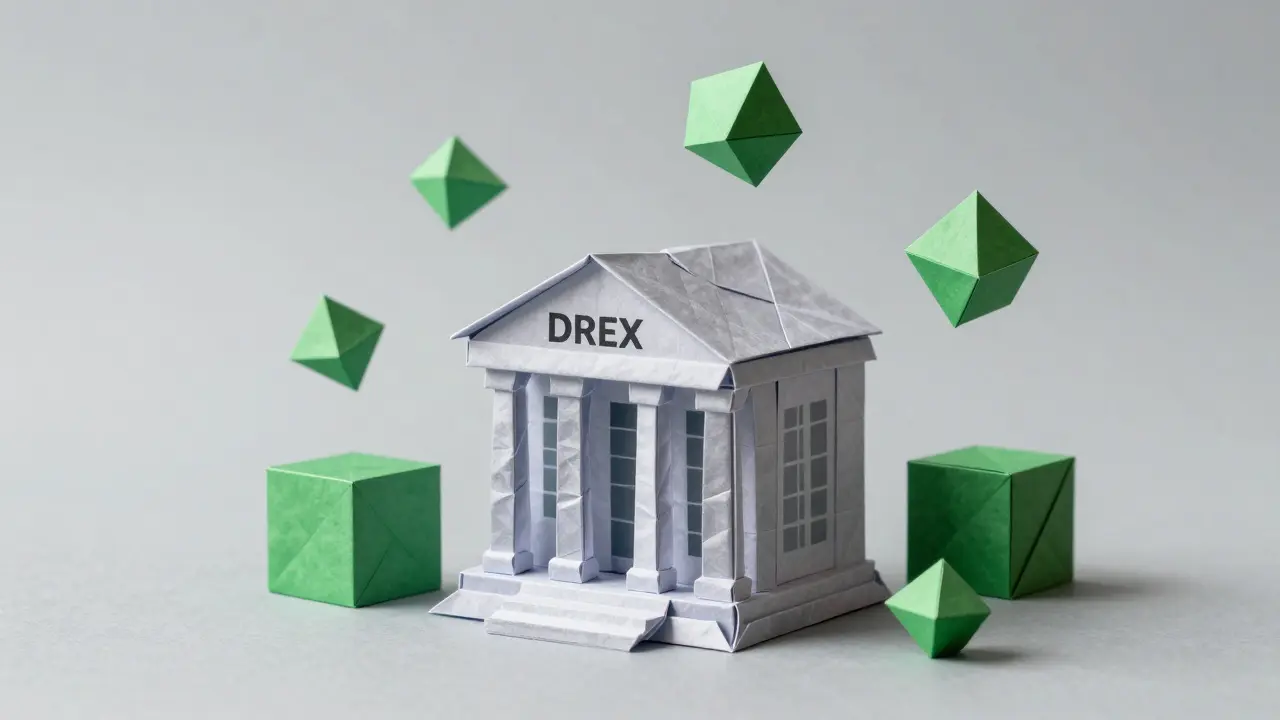 Origami bank structure with floating digital tokens representing DREX