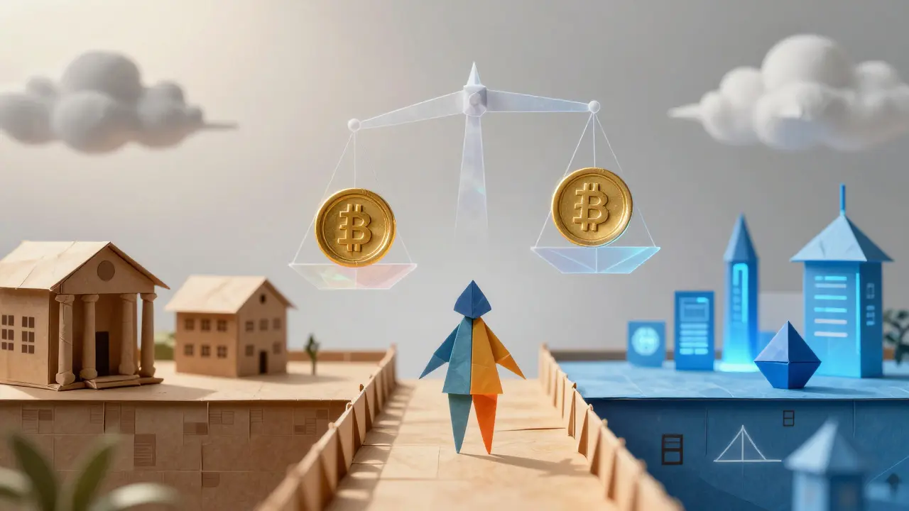 Origami bridge connecting traditional banks to future crypto landscape