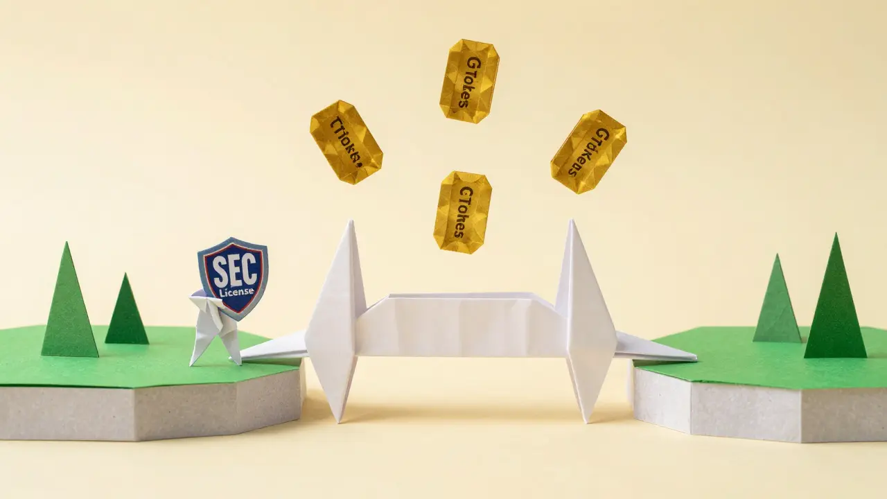 Origami bridge with license shield and floating golden G Tokens