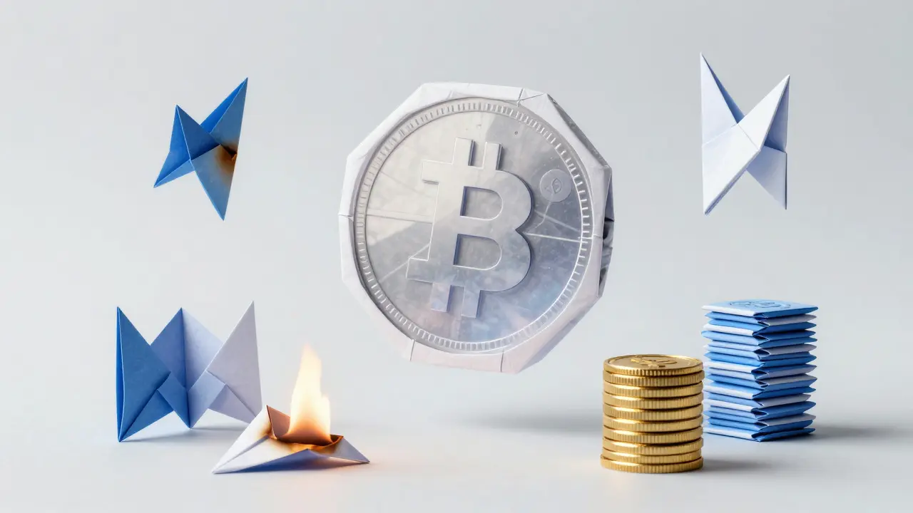 Origami coins showing crypto tokenomics and burns
