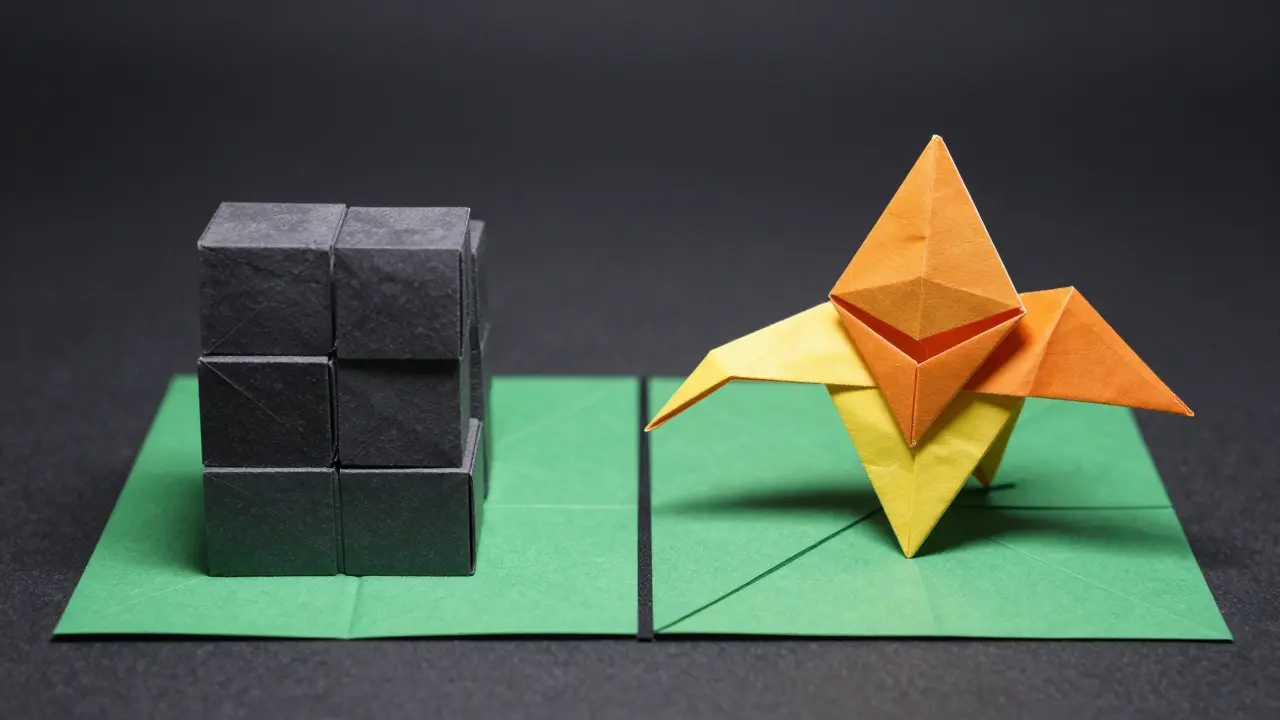 Origami comparison of Bitcoin and Ethereum cryptographic structures.