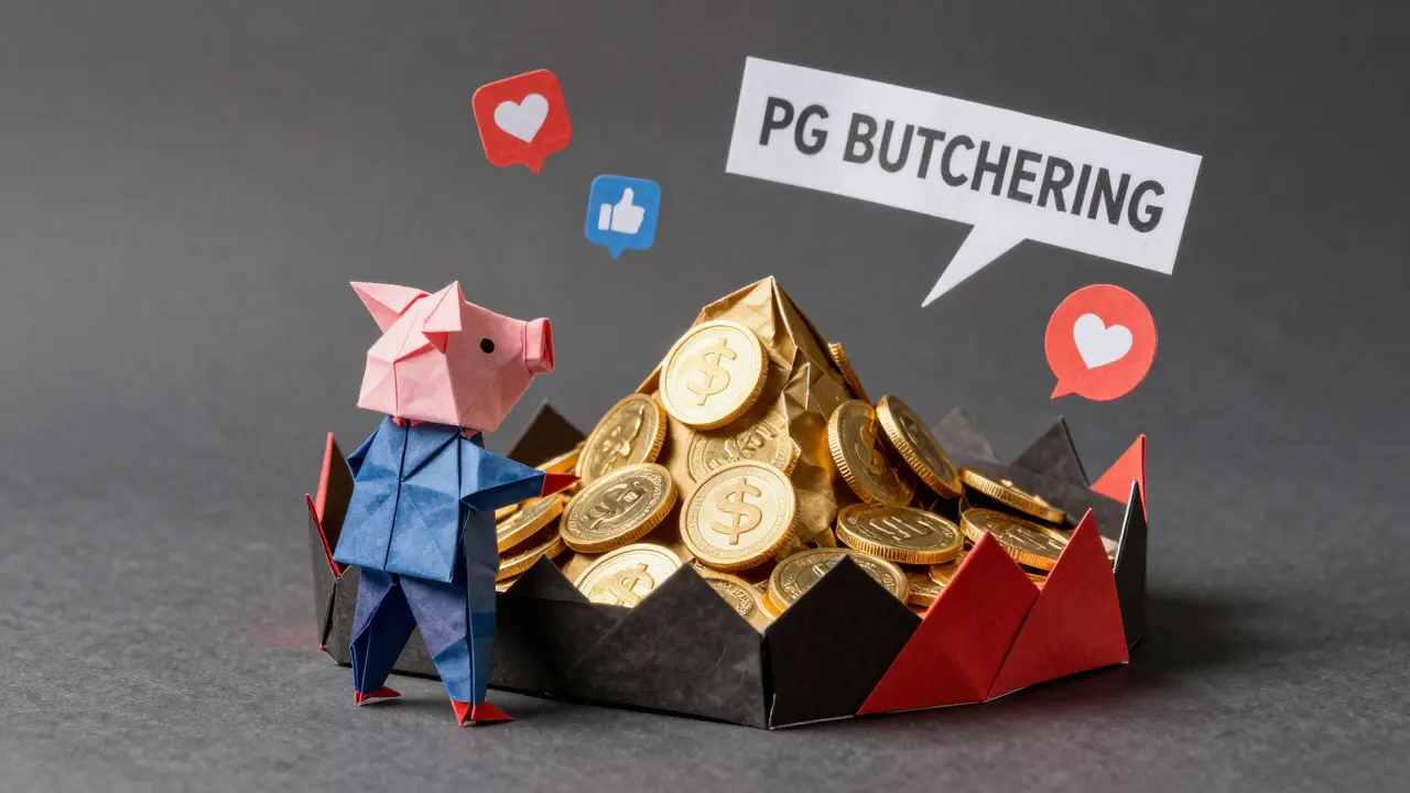 Origami figure lured by a trap made of sharp red paper folds and fake fees