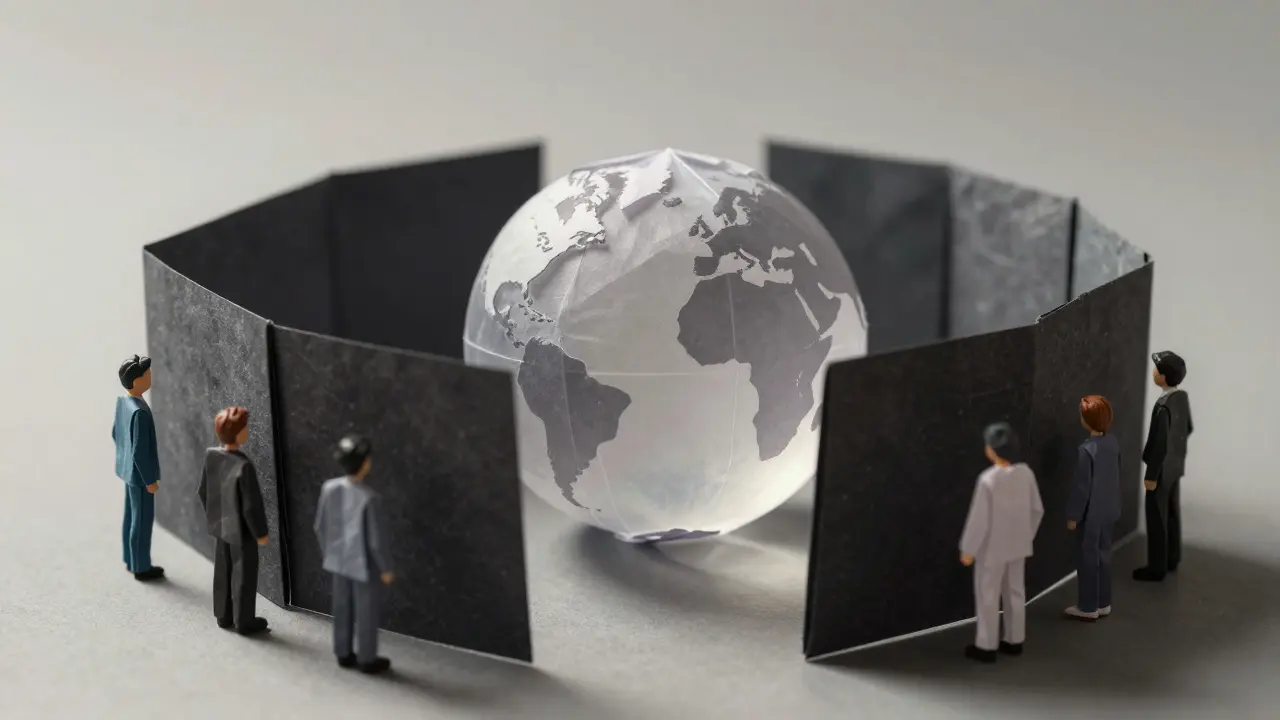 Origami globe blocked by paper walls representing trade barriers