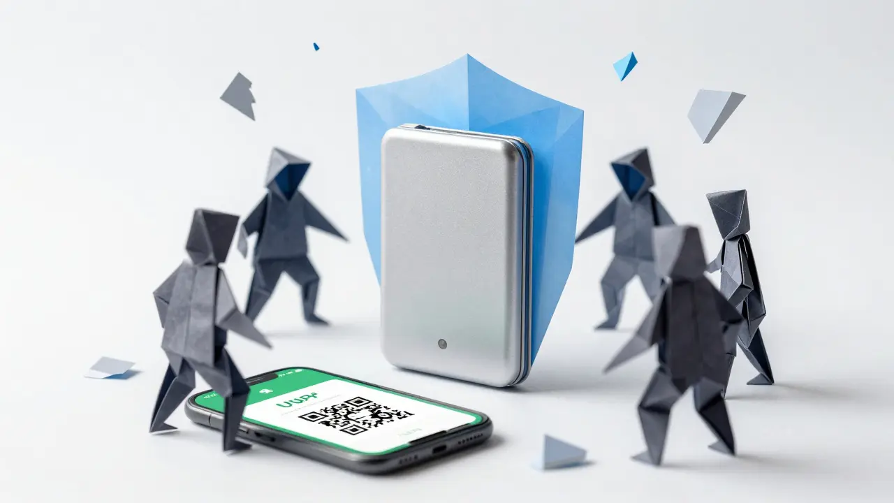 Origami hardware wallet protected by blue shield from dark hackers