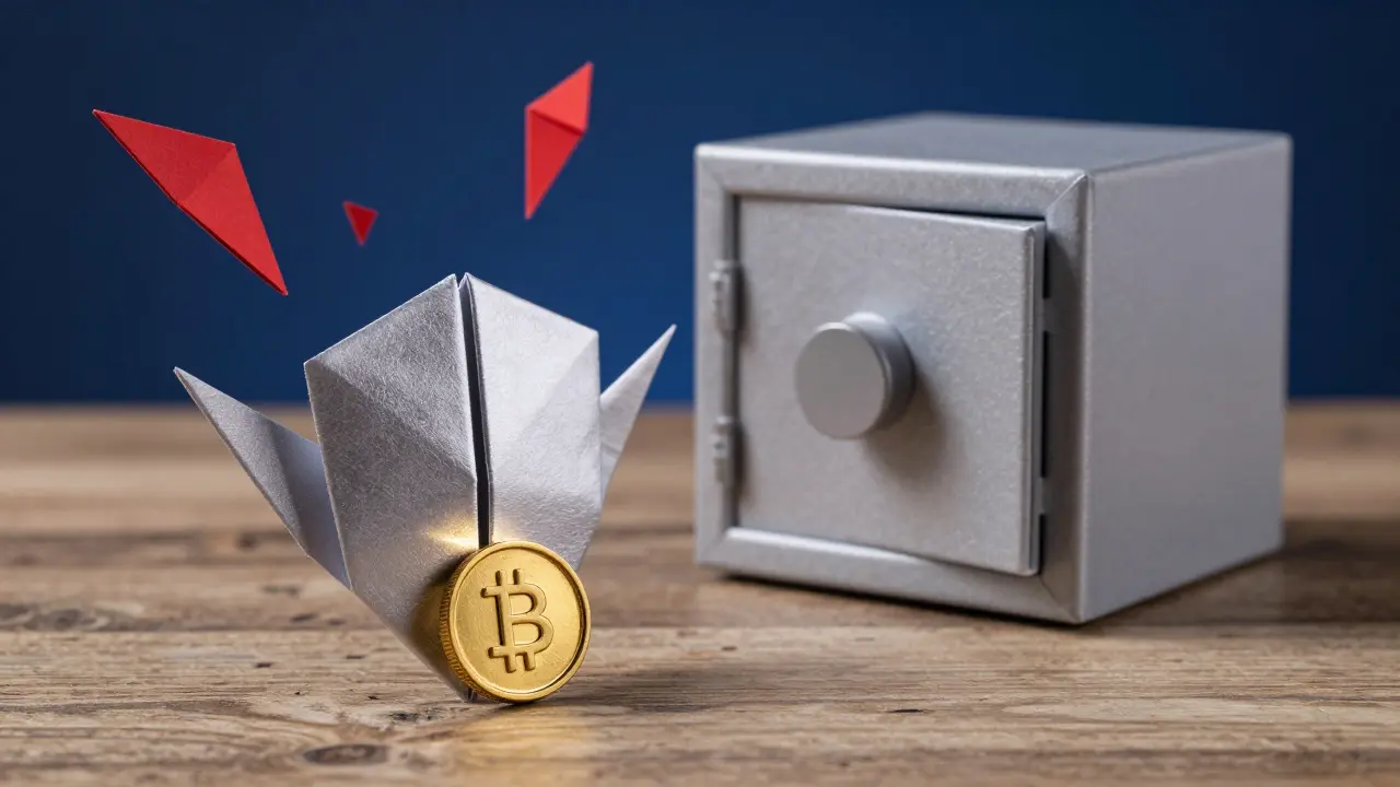 Origami shield protecting a coin from red threat fragments.
