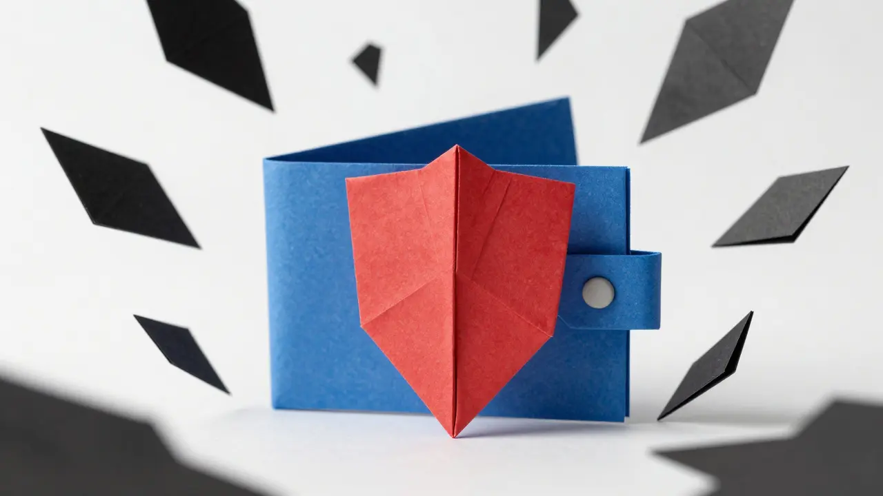 Origami shield protecting a paper wallet from jagged scam threats