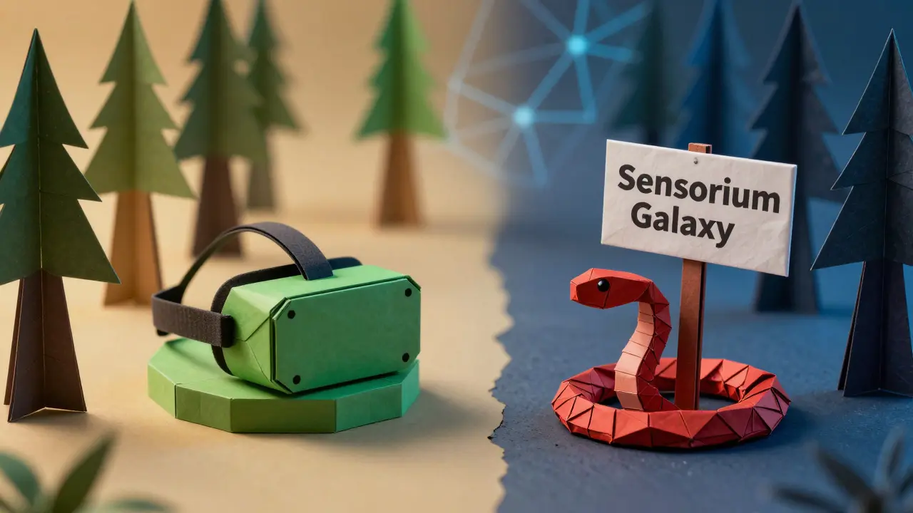 Origami split path showing safe VR project vs scam danger