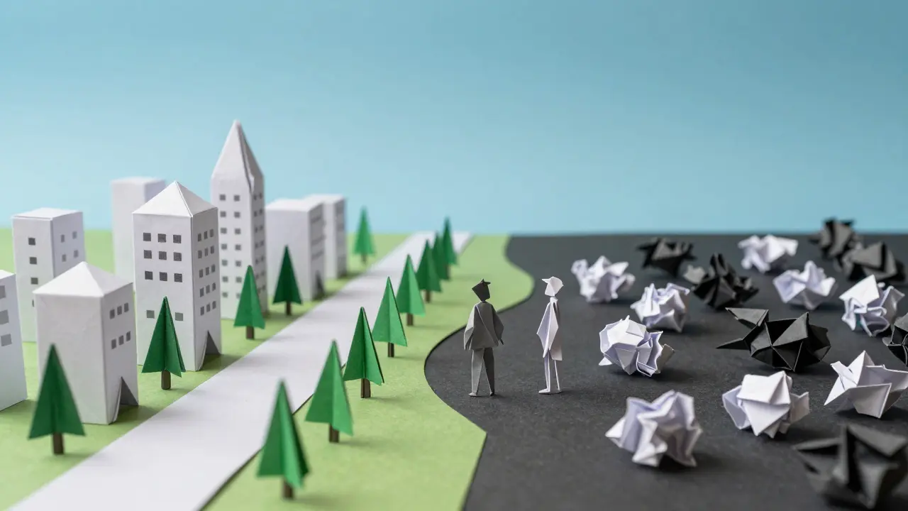 Origami traveler choosing between legal and illegal crypto paths