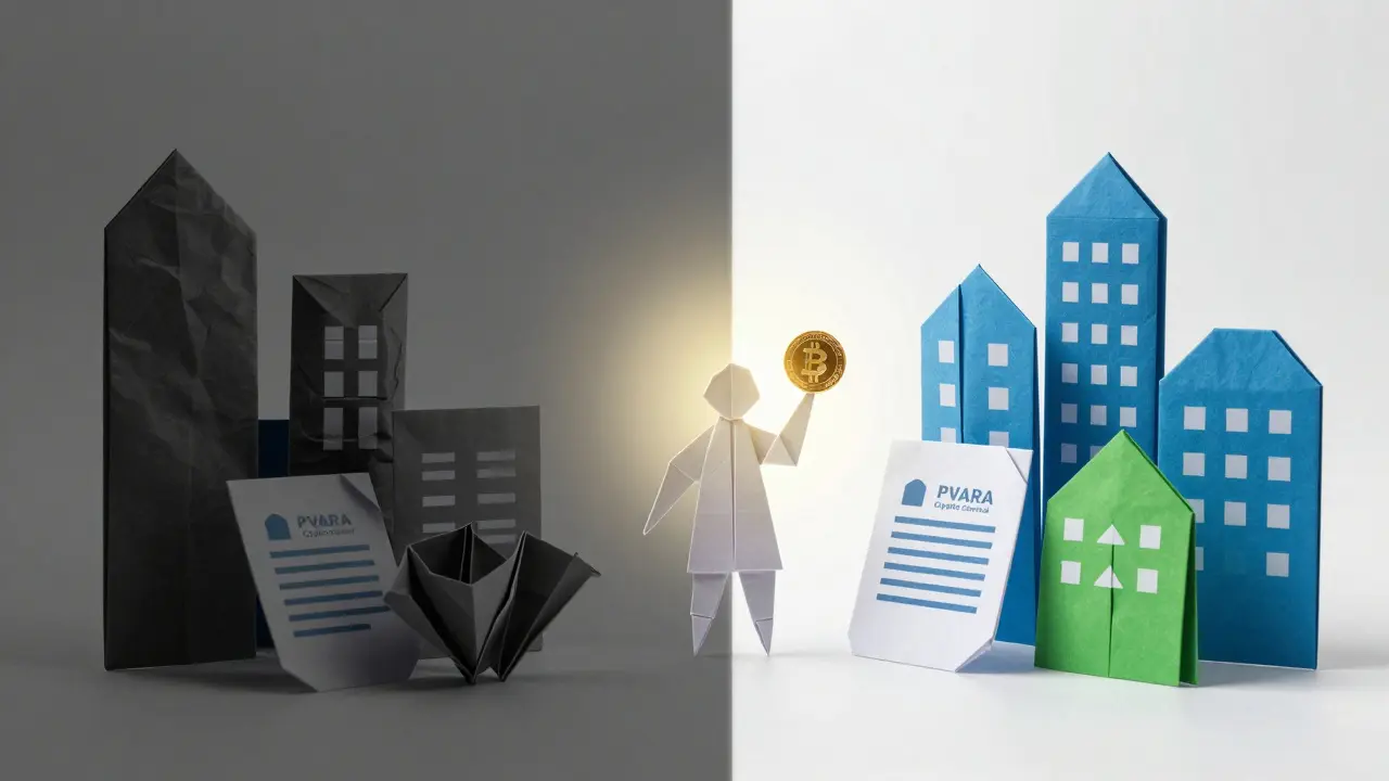 Paper art showing transition from dark restrictions to bright regulatory structures.