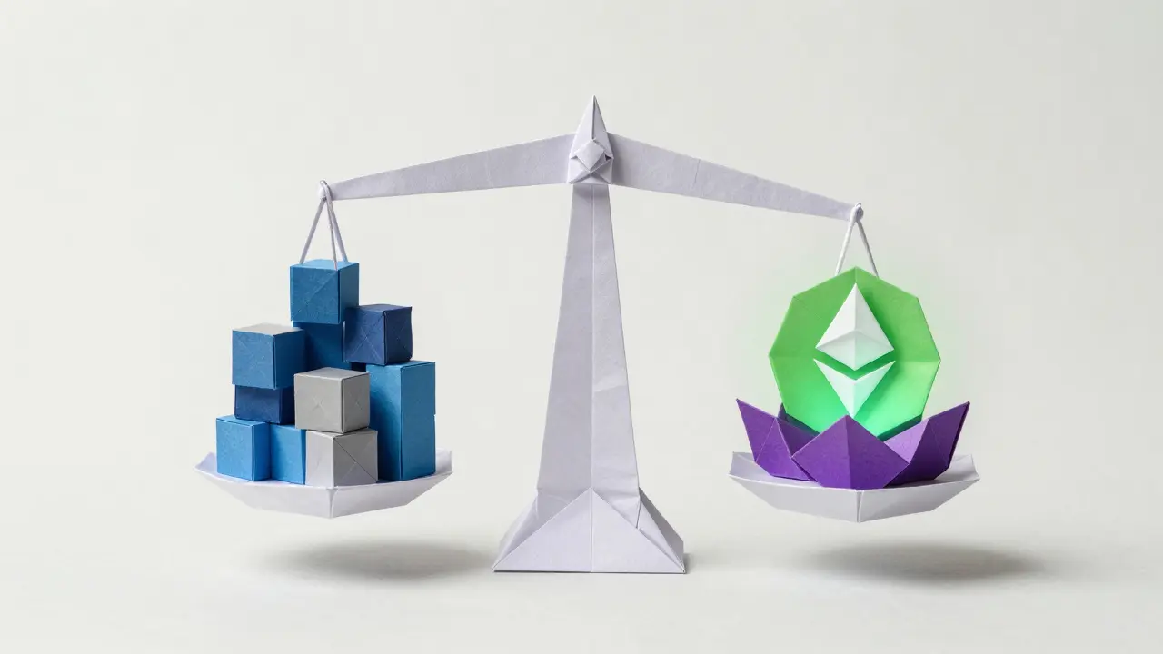 Paper balance scale weighing traditional stocks against DeFi assets