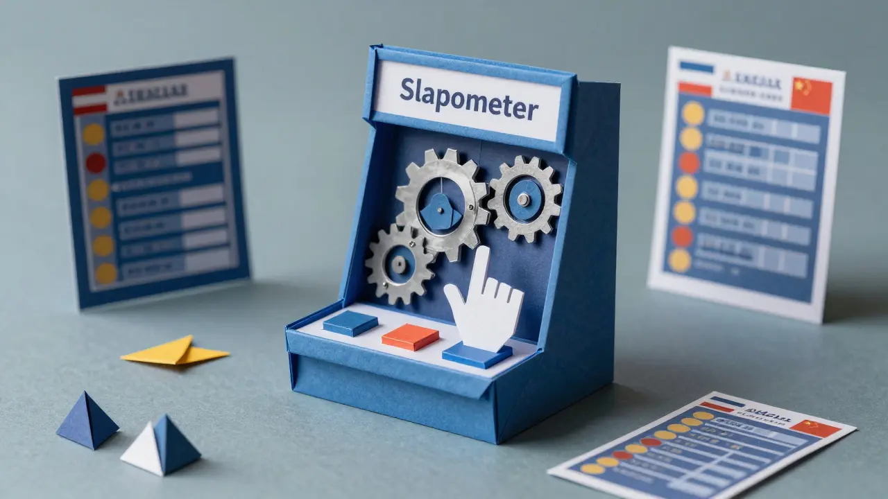 Paper-craft Slapometer game interface with global leaderboard elements