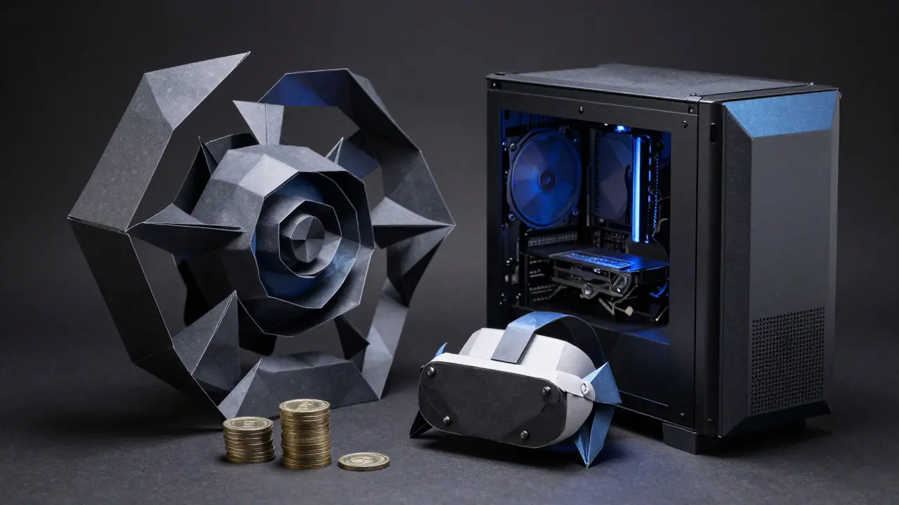 Paper-crafted gaming rig and VR controllers in origami style