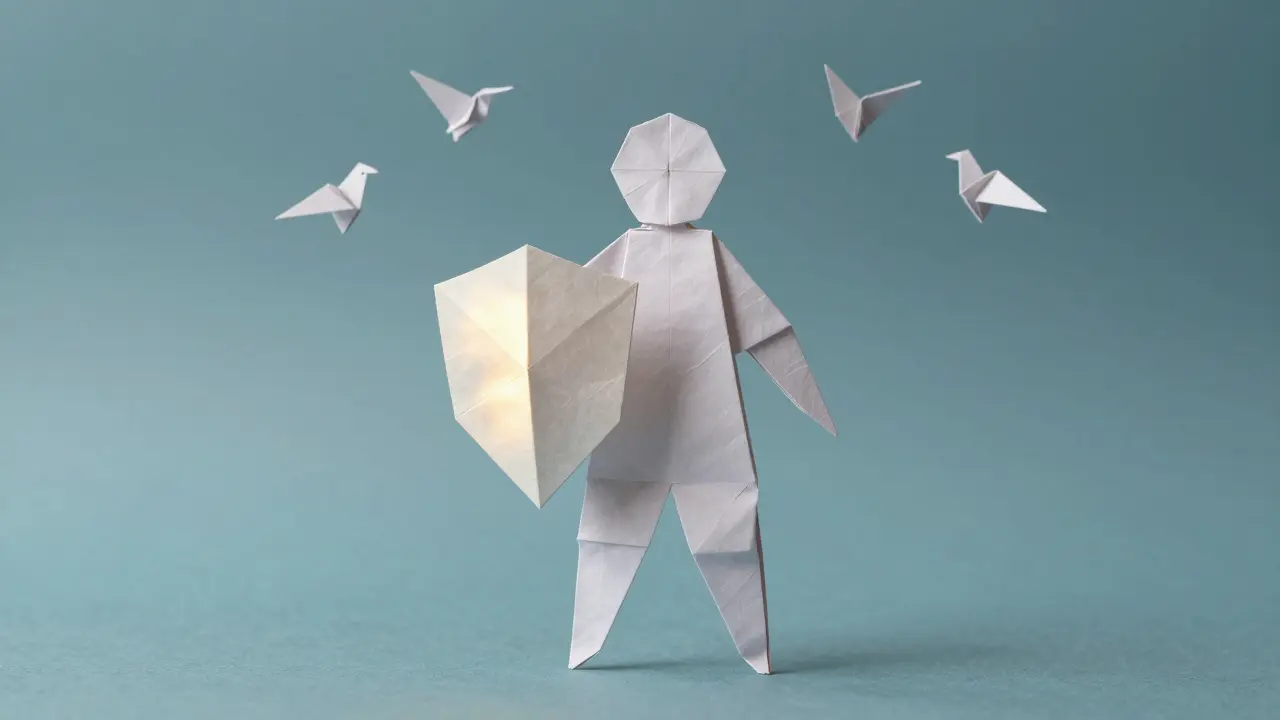 Paper figure holding a geometric shield with floating reward elements