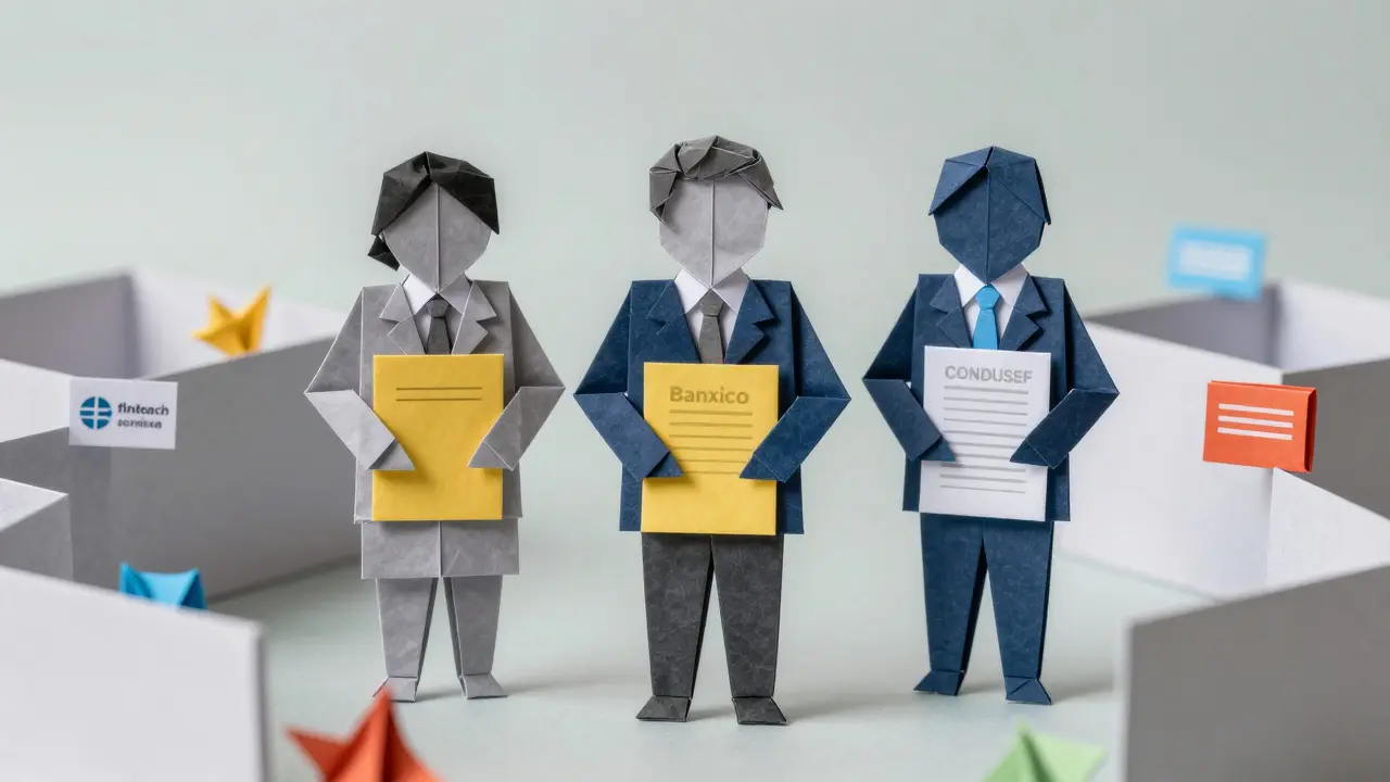 Paper figures representing regulators overseeing fintech companies in an office.