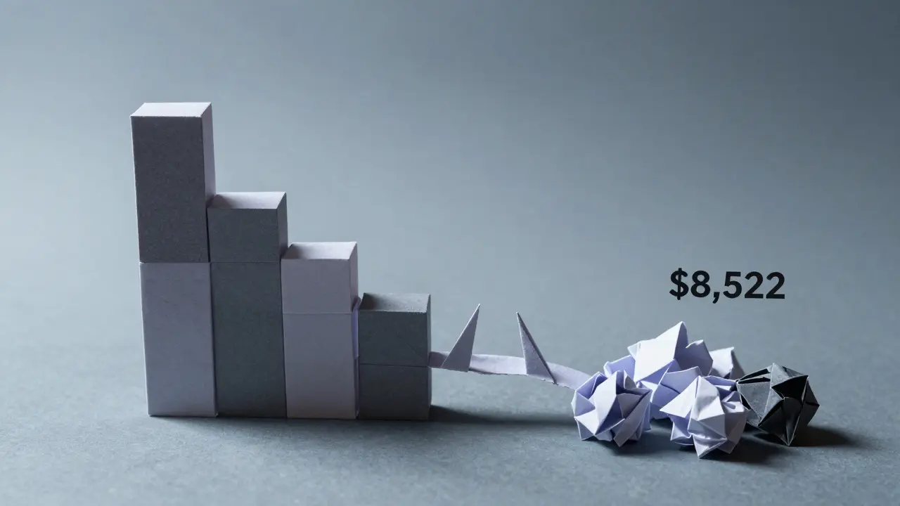 Paper sculpture depicting a collapse of trading volume with scattered grey blocks.