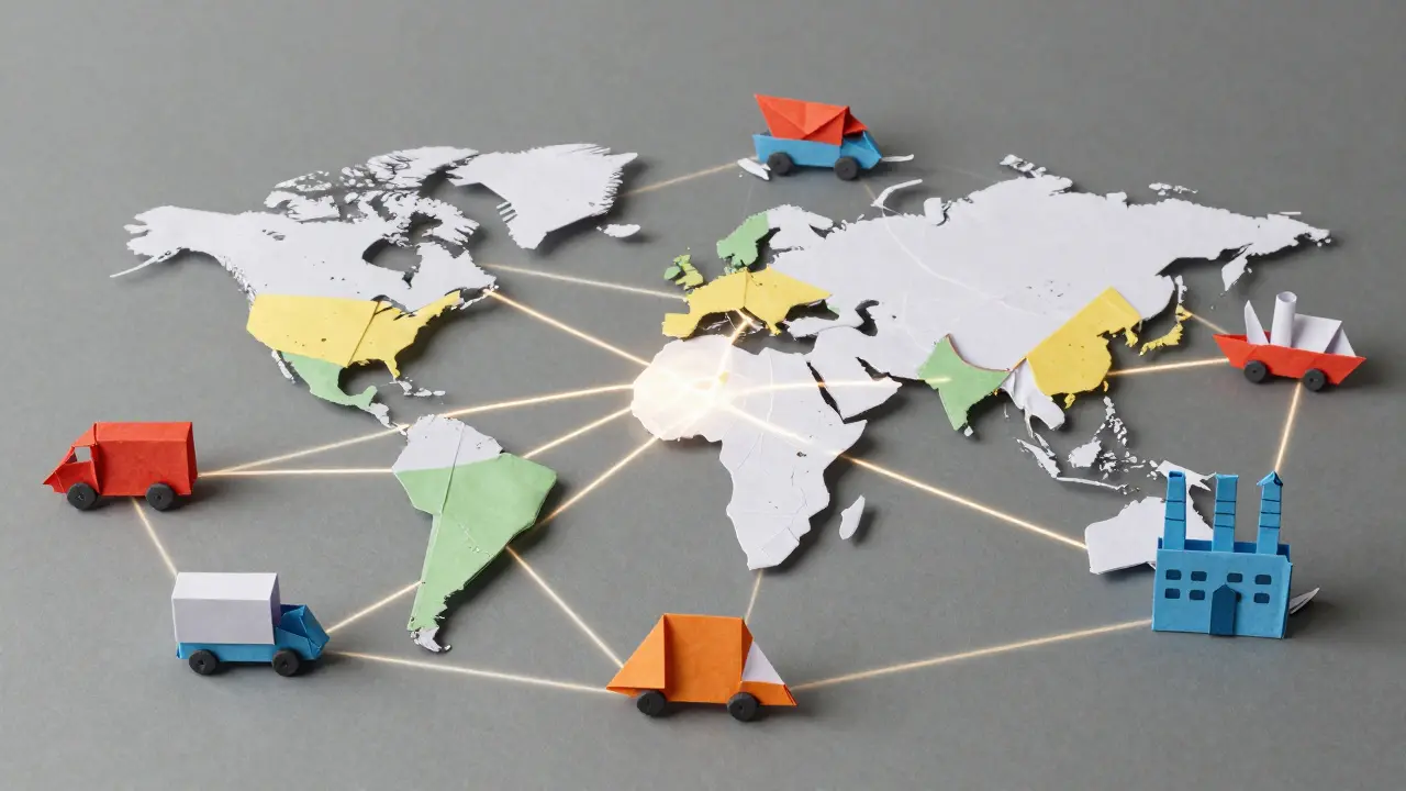 Paper trucks and ships connected by tangled data threads
