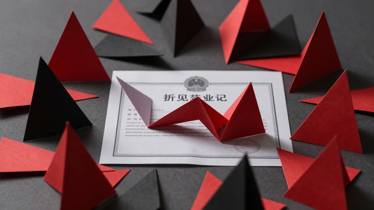 Red and black origami warning signs surrounding a collapsing paper structure.