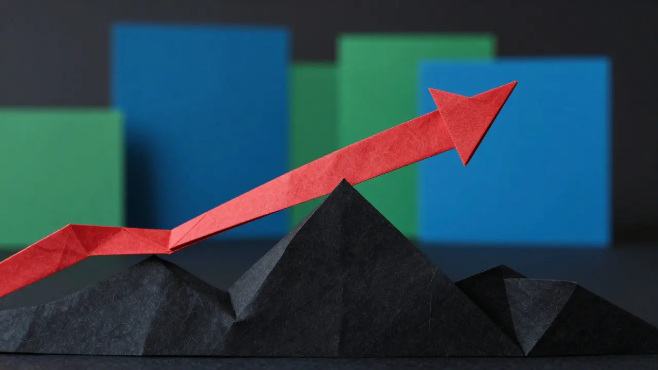 Red origami strip balancing on jagged peaks