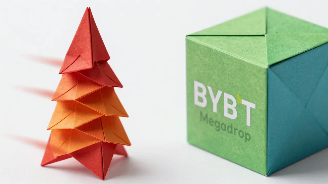 Red spiral and green cube origami structures symbolizing crypto airdrop methods