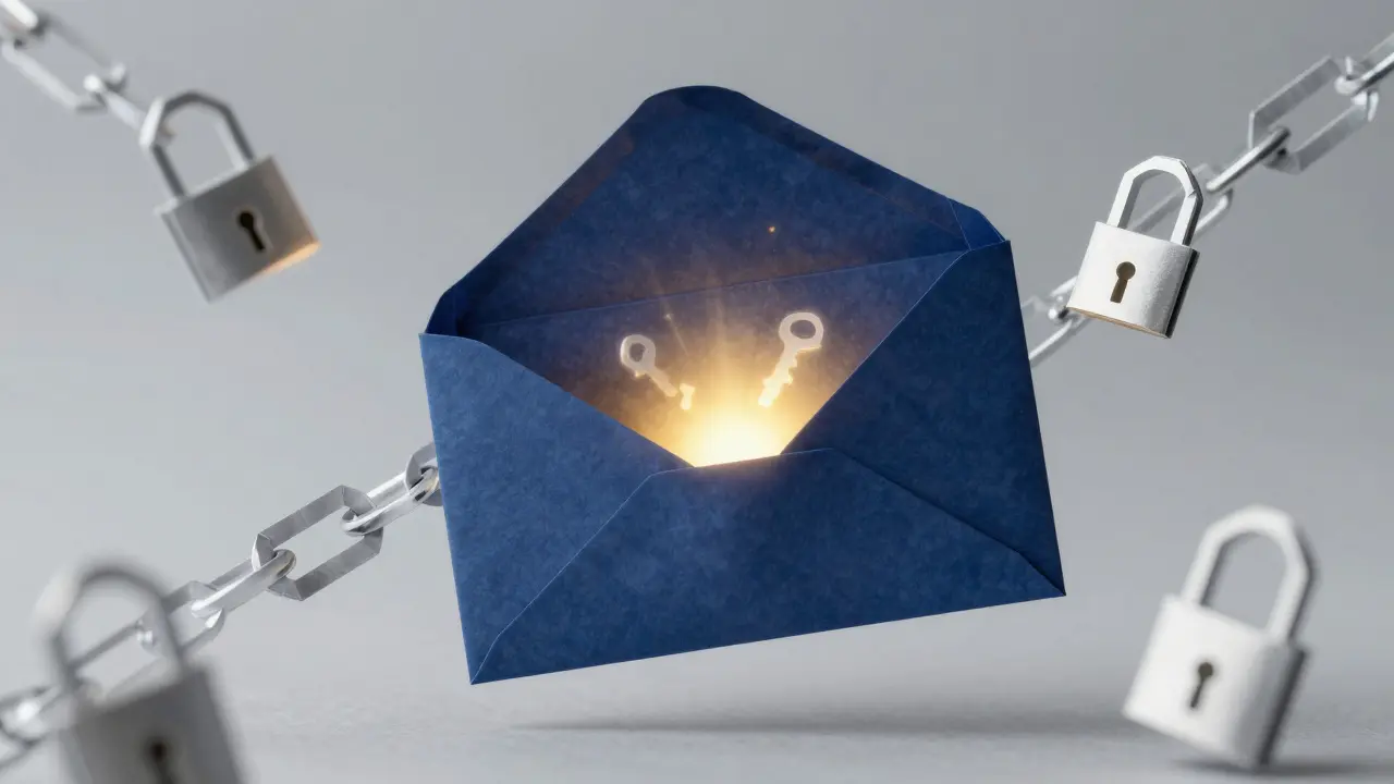 Sealed indigo origami envelope with glowing light inside symbolizing encryption