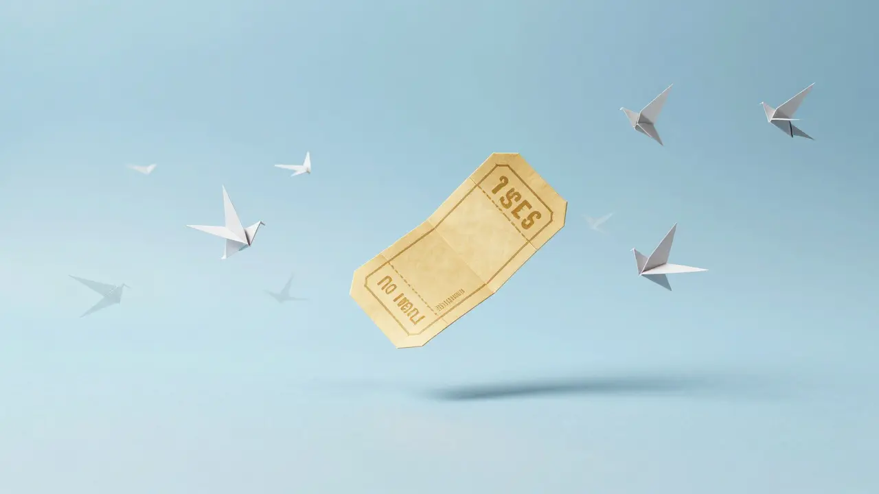 Single golden origami ticket floating amidst many grey birds