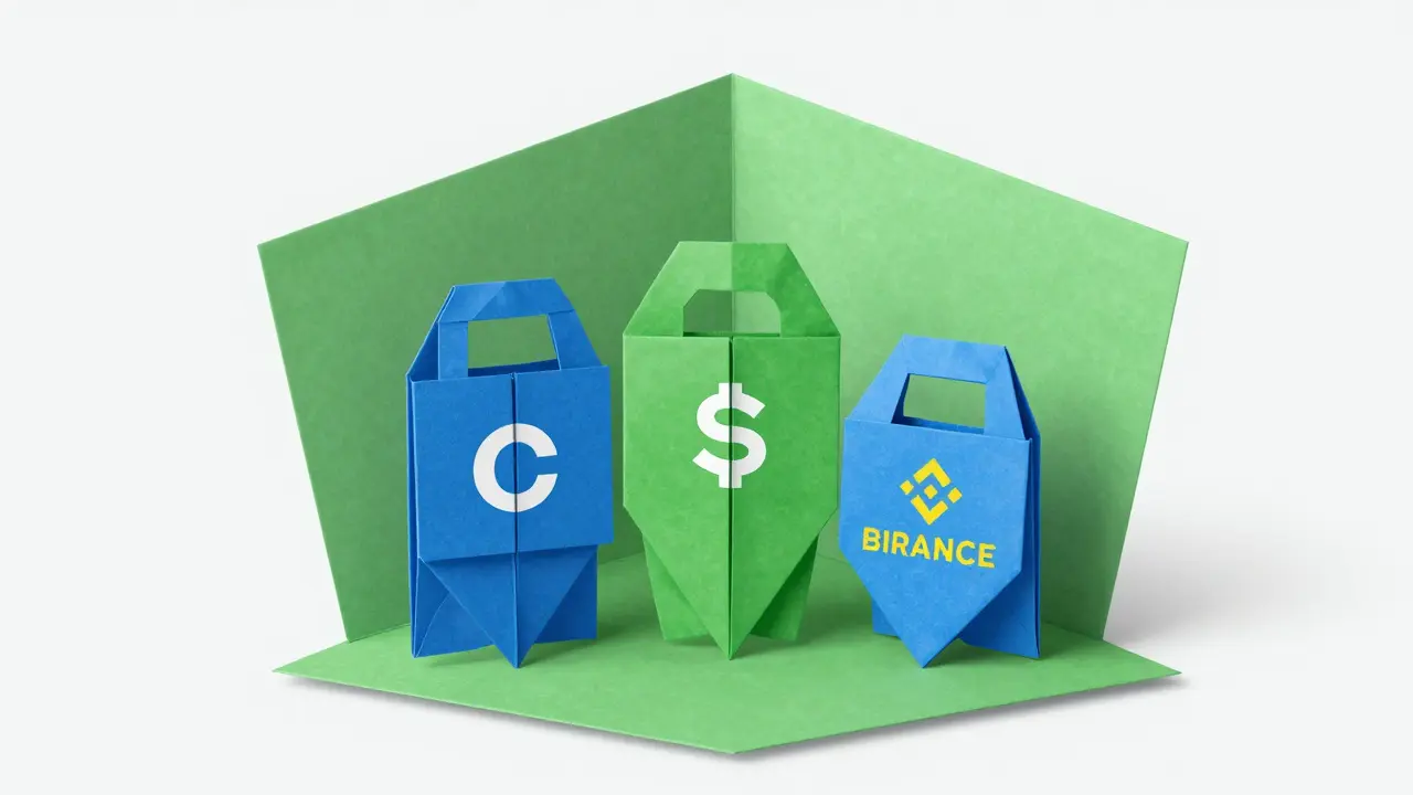 Sturdy blue and green origami structures representing safe crypto exchanges.