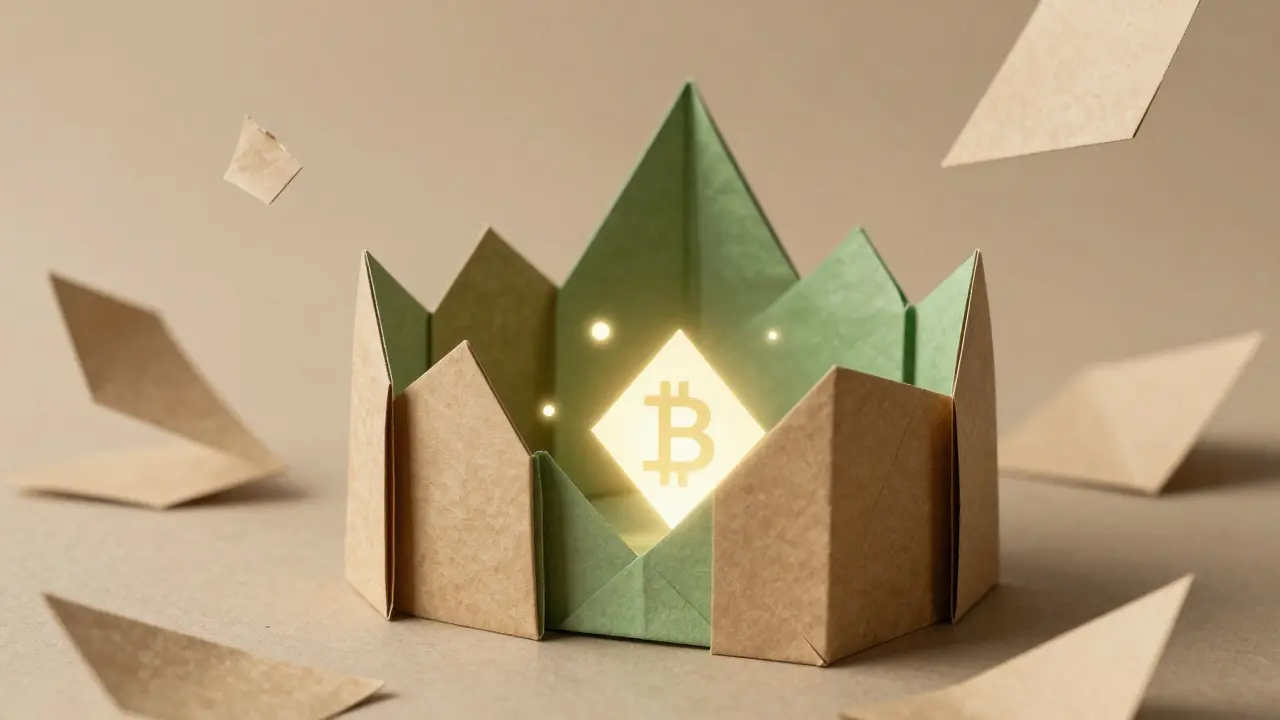 Sturdy origami fortress protecting glowing assets from chaotic paper debris