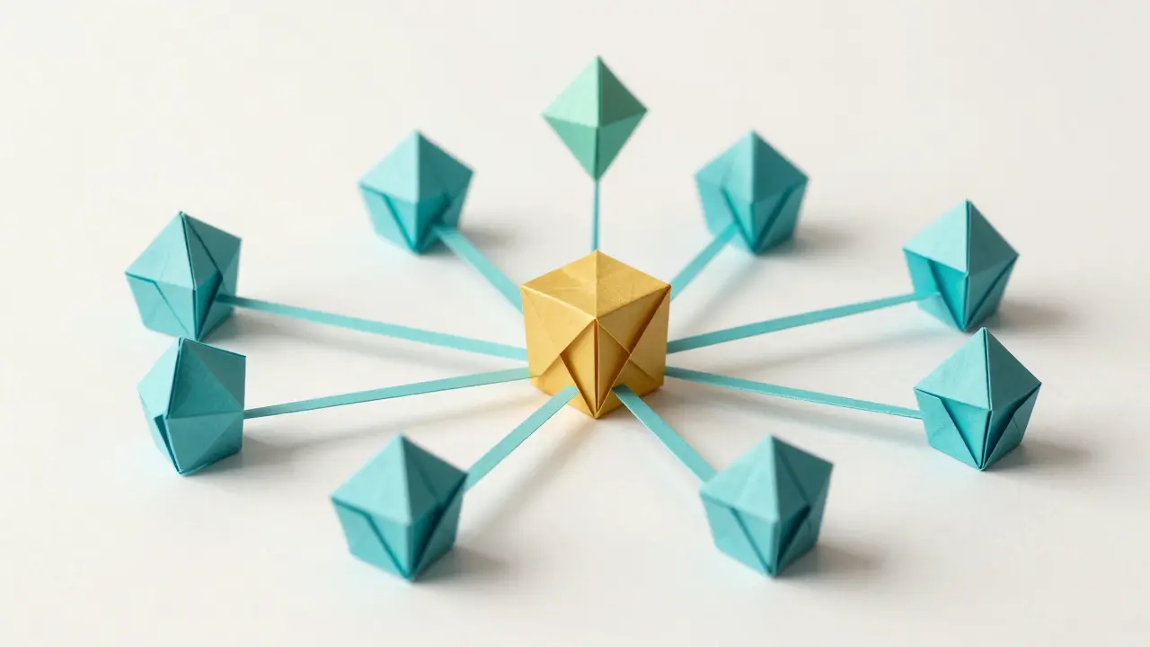 Teal origami DAG network with golden anchor block