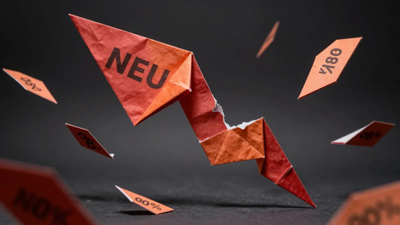 Torn red origami tokens falling, representing NEU's 98% price crash