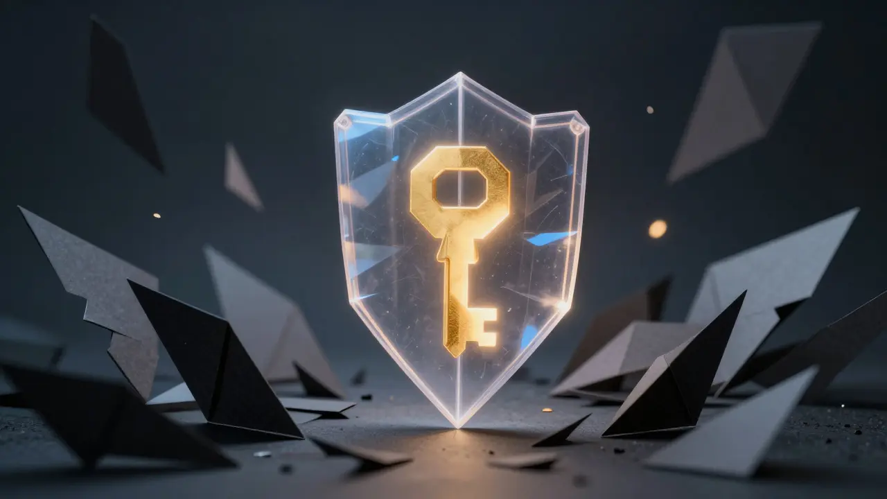 Translucent origami shield protecting a golden key from dark paper shards