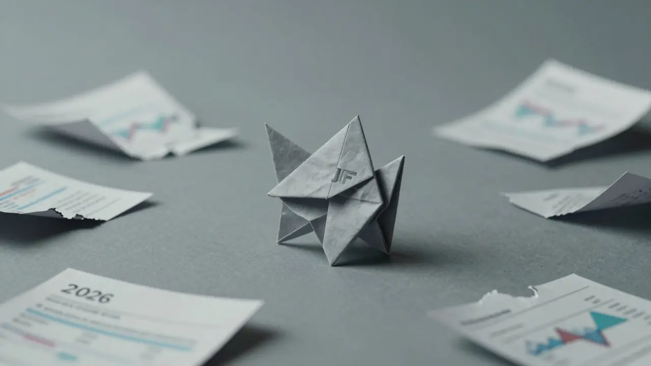 A lonely, crumpled grey origami token on a desolate, muted background symbolizing lost value.