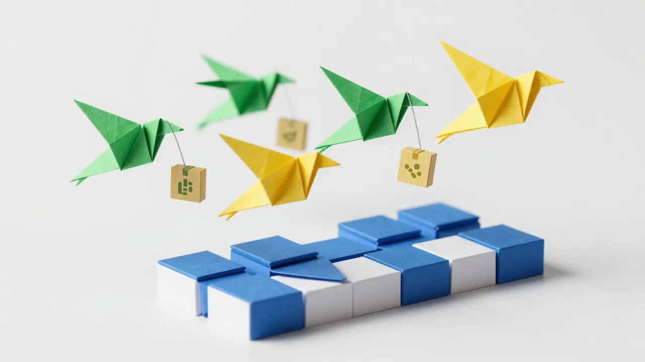 Colorful origami shapes moving quickly over a structured paper foundation on Solana.