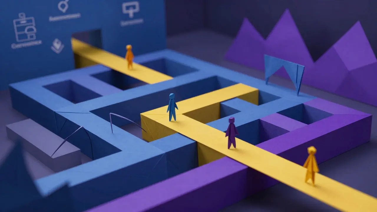 Complex origami paper bridges and tunnels illustrating cross-chain crypto evasion methods.