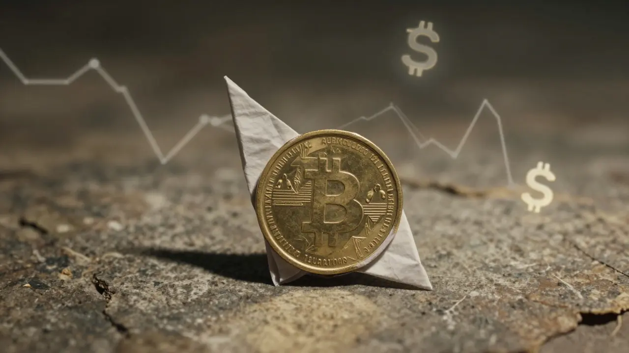 Crumpled origami Auroracoin on textured surface representing market decline and historical status