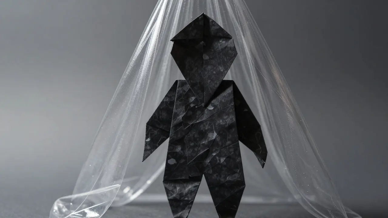 Dark crumpled paper figure representing anonymous crypto creators