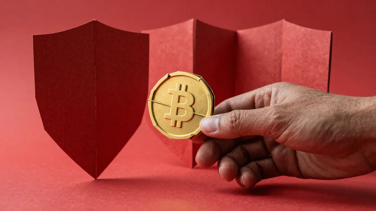 Dark origami hand grabbing a deceptive gold coin amidst red warning barriers.