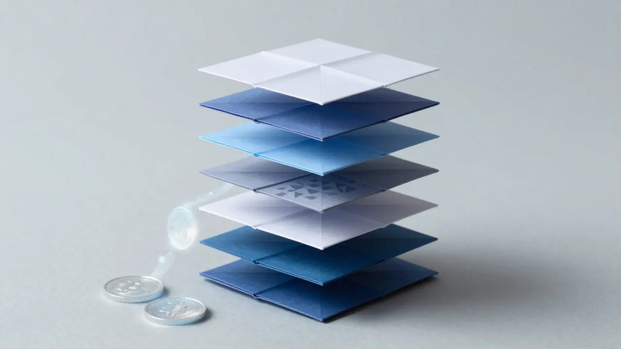 Folded paper diagram showing the five layers of a no-KYC cryptocurrency billing system