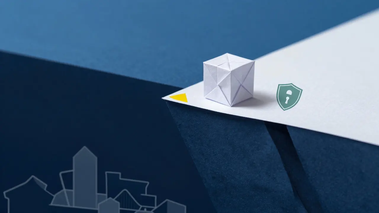 Fragile origami ice cube on a paper cliff edge