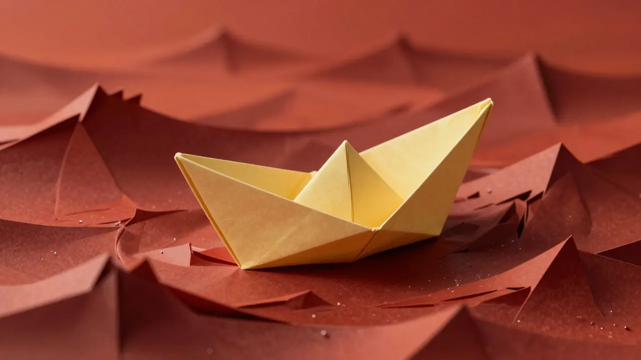 Fragile paper boat navigating turbulent red origami waves