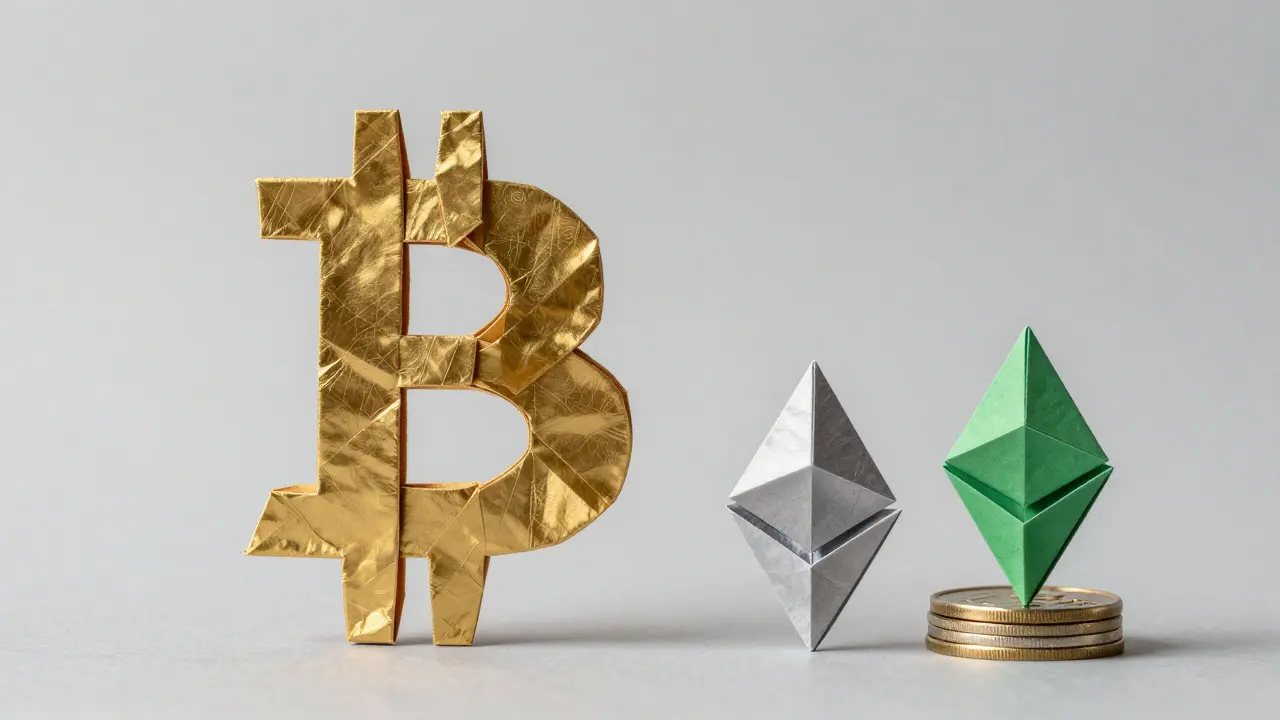 Golden origami Bitcoin dominates over smaller silver and green paper crypto assets.