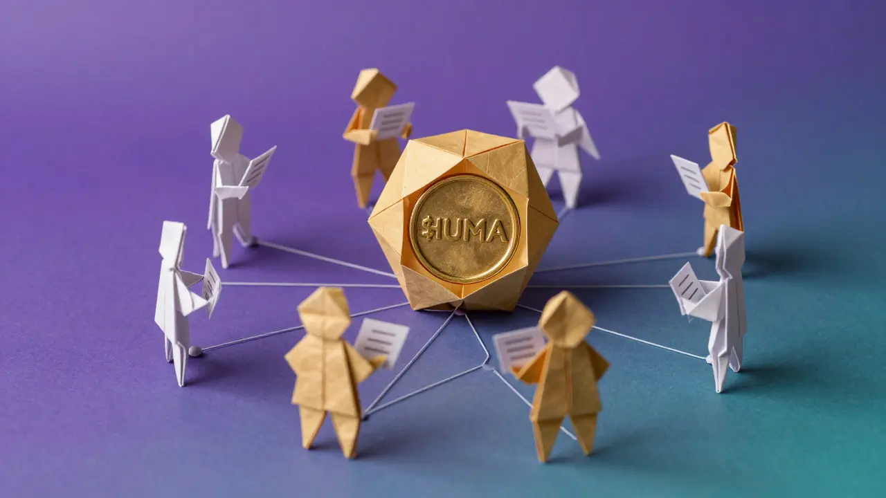 Golden origami token surrounded by paper figures connected in a governance network.