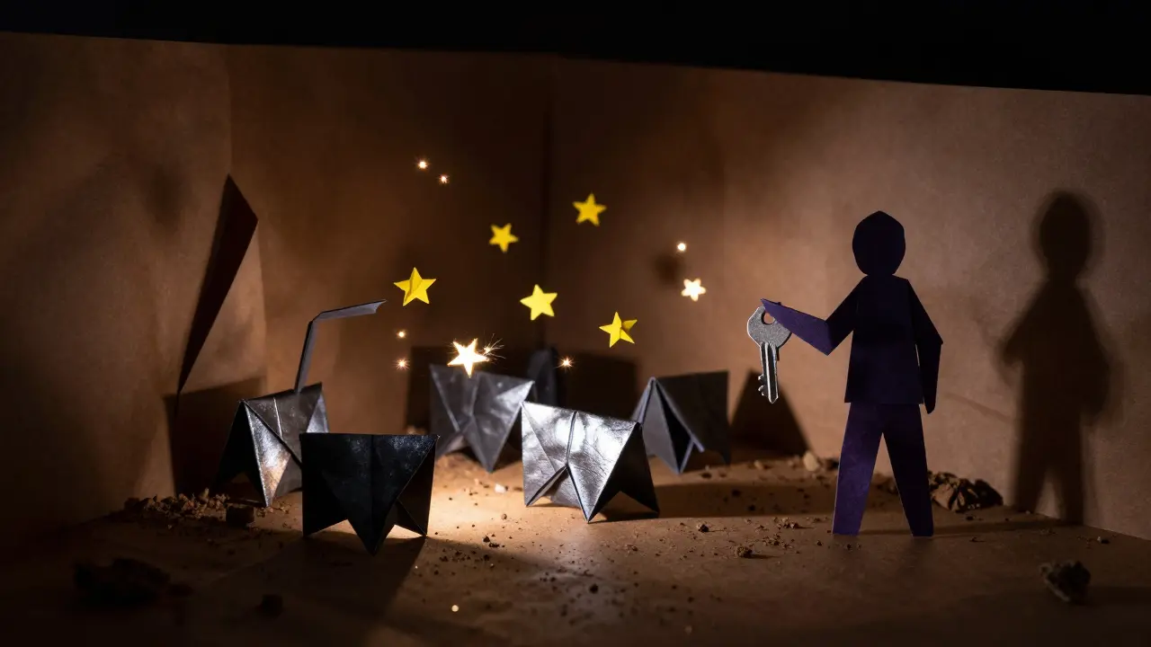 Hidden origami mining rigs in shadows depicting underground crypto activity