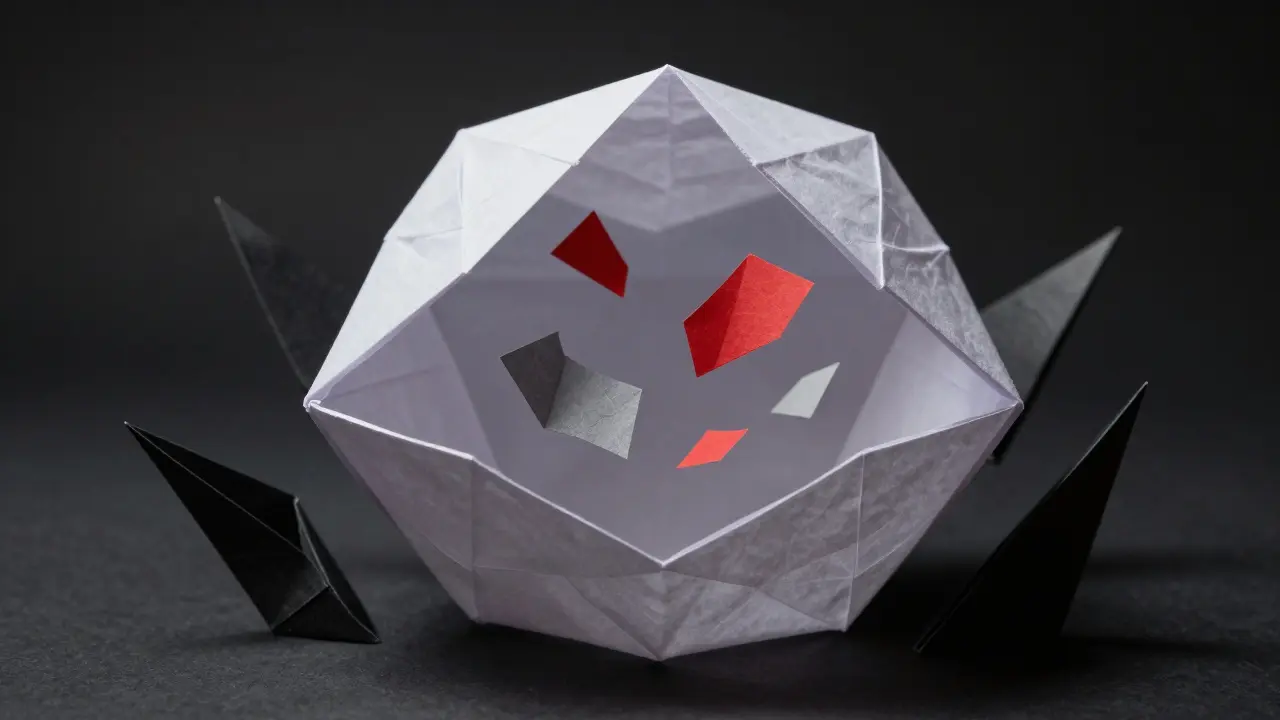Hollow origami shell with floating fragments, representing missing crypto data.