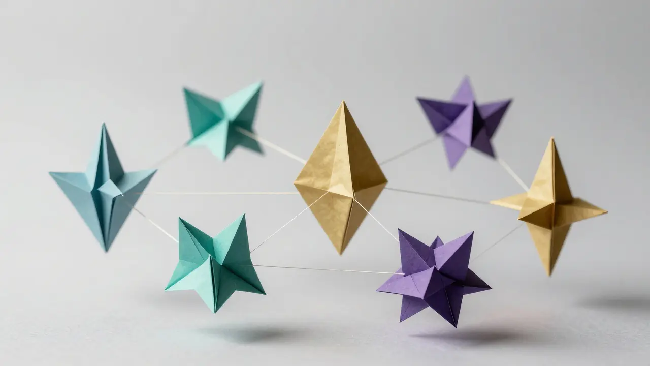 Interconnected origami structures symbolizing cross-chain DeFi protocol