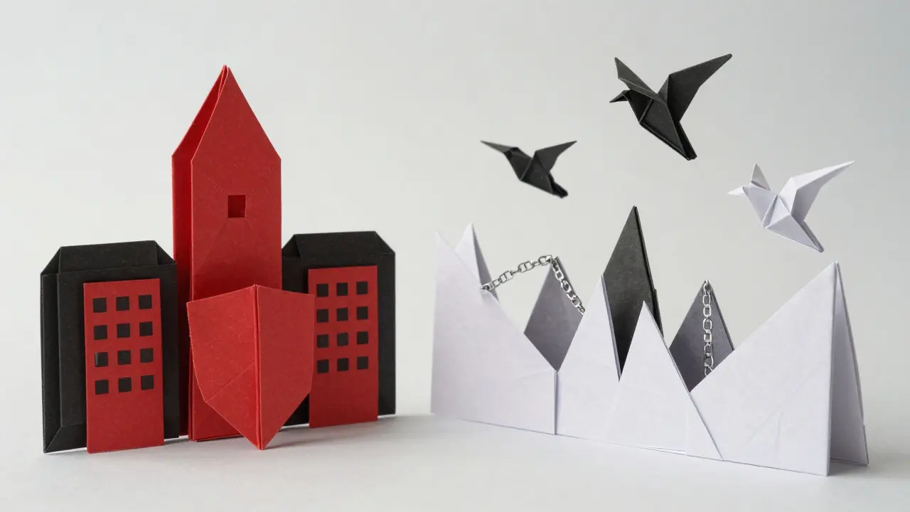 Origami art showing state control vs crypto freedom