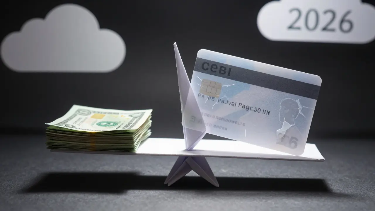 Origami balance scale weighing stable cash against a risky, fragile crypto debit card